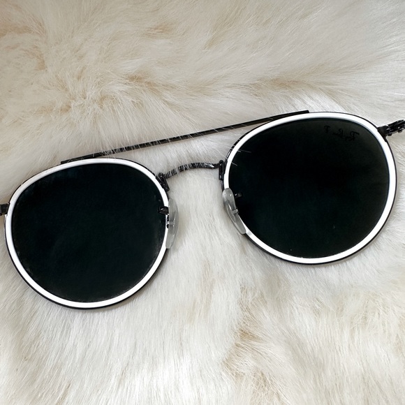 Ray Ban Round Double Bridge Customized Sunglasses | Black Frames White Trim - Picture 4 of 13